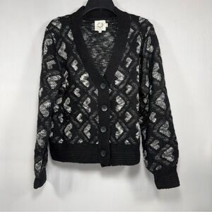 Heart Pattern Lili Sidonio Black Grey Knit Cardigan Sweater Size M